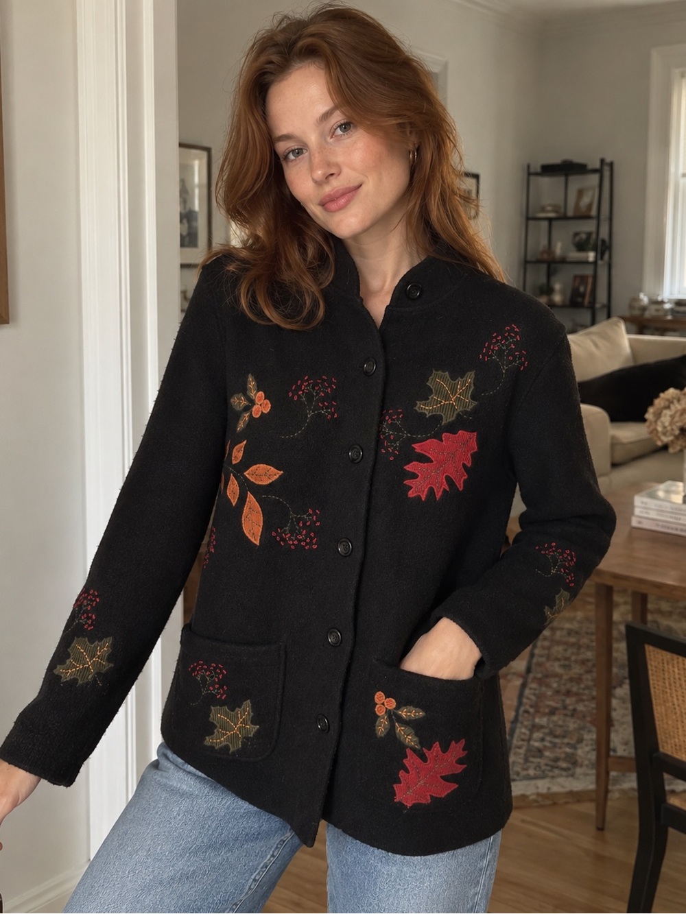 Vintage 100% Wool Black Embroidered Fall Leaf Jacket Coatigan Petite L